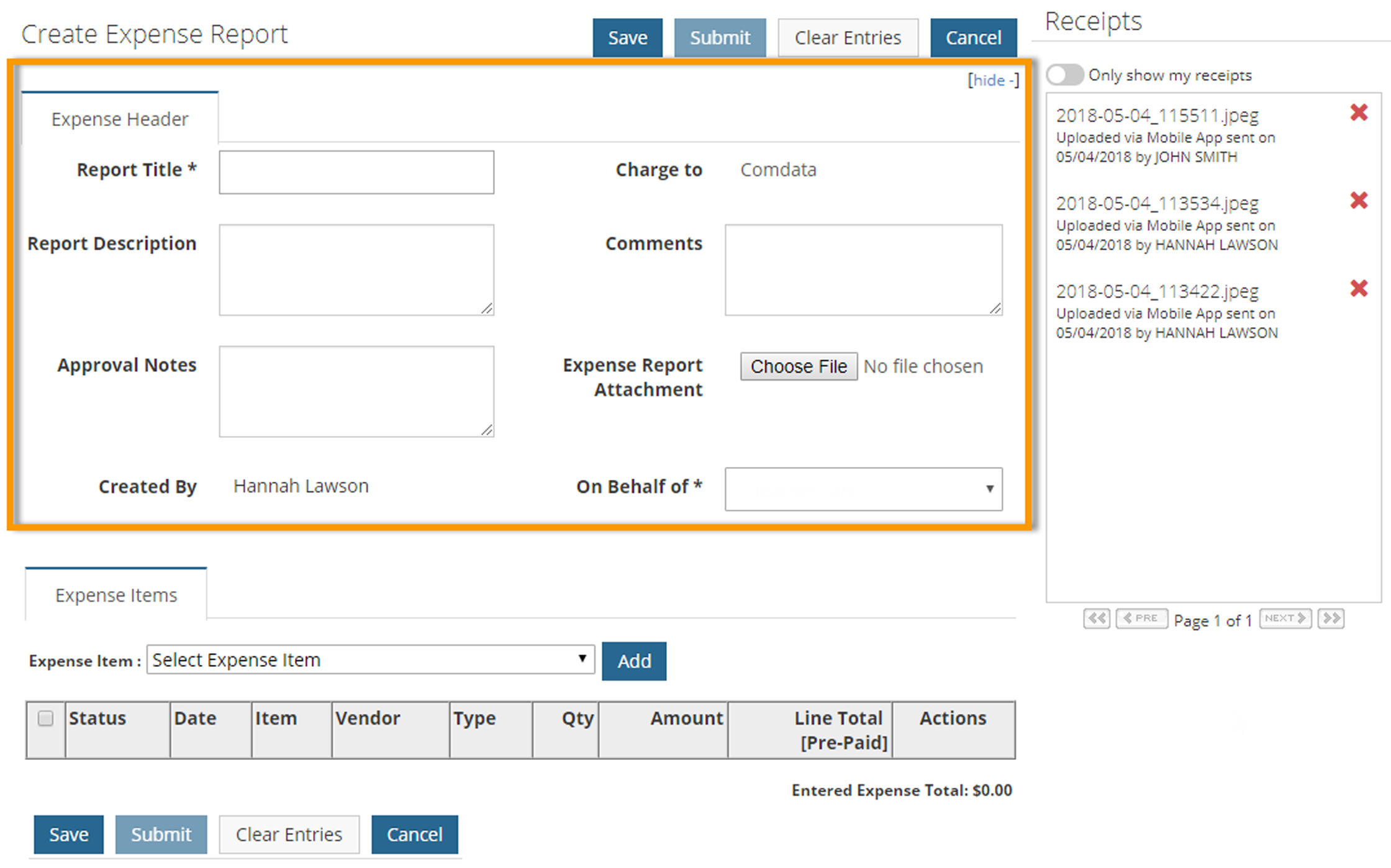 expense header fields