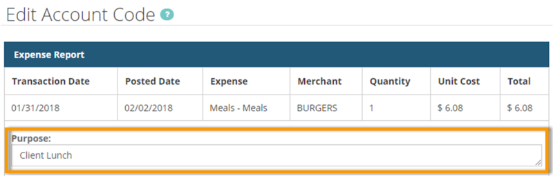 purpose field on edit account codes
