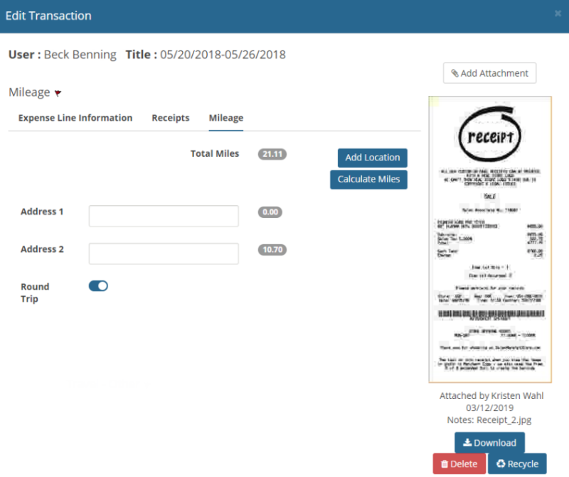 edit transaction window mileage tab