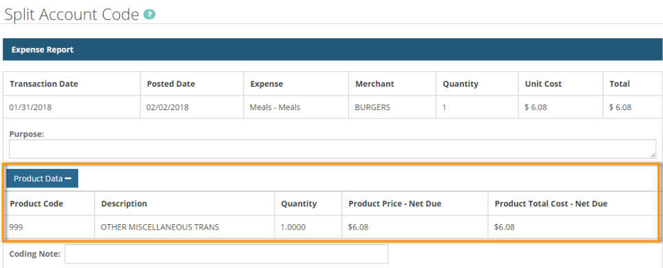 product data on split account code page