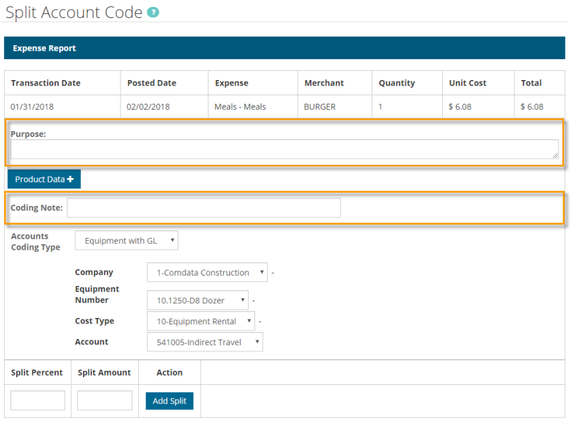 split account code purpose field