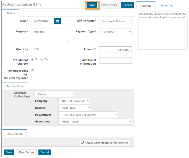 itinerary loaded expense item