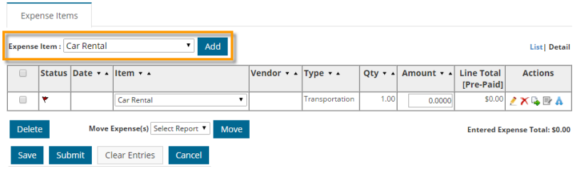 select itinerary expense item