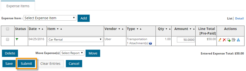 submit itinerary expense item