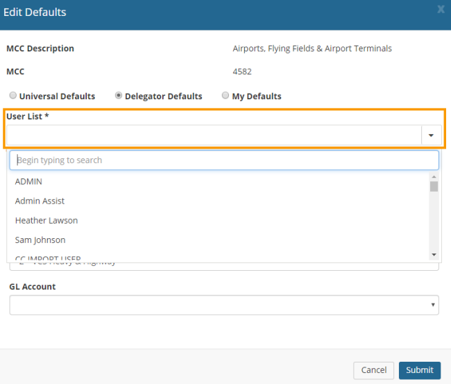 delegator defaults user list