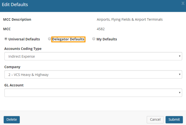 select delegator defaults in edit defaults window